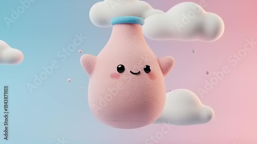 Cute animated character resembling a bottle floating in a colorful sky with clouds