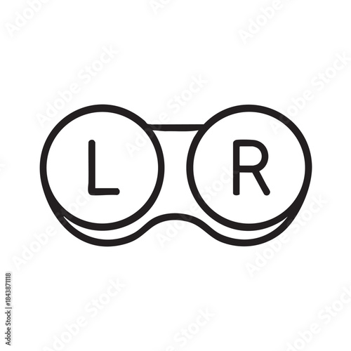 A simple black and white line drawing depicts a pair of contact lenses in their case labeled l and r