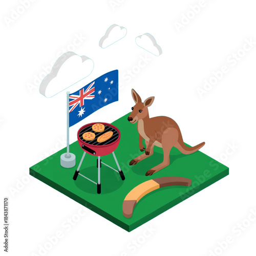 Australian Flag and Barbecue Isometric Holiday Icon

