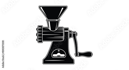 A vintage manual coffee grinder depicted in a striking black and white silhouette