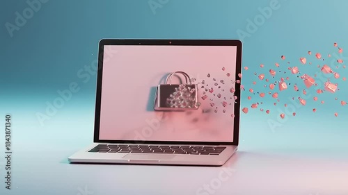 Digital lock emerging from a laptop screen, symbolizing cybersecurity in a modern workspace