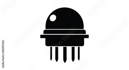 A simple black depiction of a robotic device with a circular head and legs silhouette