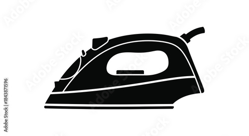 A sleek black and white illustration of a modern household steam iron a striking silhouette