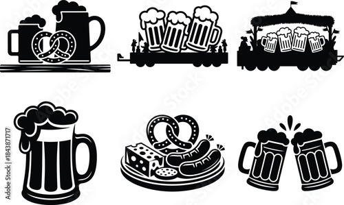 Traditional Oktoberfest Silhouette Clipart SVG Bundle Design. German Festival Graphics. Beer, Pretzel & Bavarian Vector. 