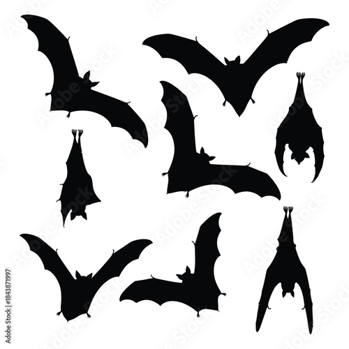 A collection of silhouetted bats in various flying and hanging positions