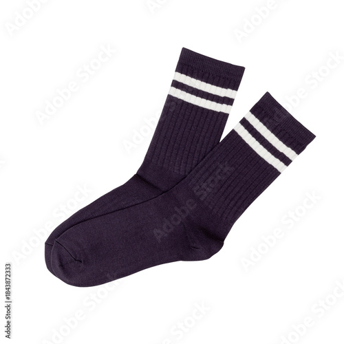 Cozy navy blue crew socks with white stripes on black background