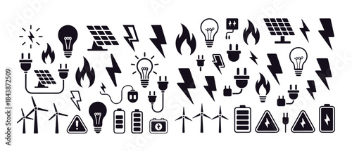 Large collection of energy and electricity icons including lightning, solar panel, and lightbulb