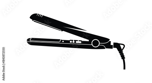 A sleek black hair straightening iron depicted in a stark contrasting silhouette