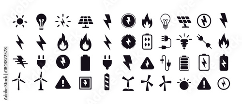 Electricity power and energy icons set. thunderbolt, solar panel, light bulb, fire, battery, wind turbine