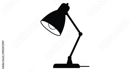 A simple black desk lamp with an adjustable arm shown as a striking silhouette