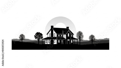 A large house with trees and a moon in the background in silhouette style