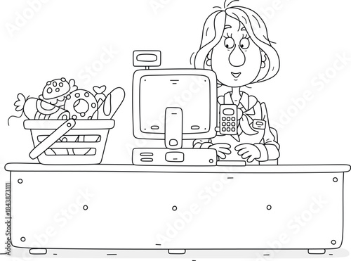 Girl cashier in uniform at her desk with a cash register and a basket of a buyer in a supermarket, black and white vector cartoon illustration for a coloring book