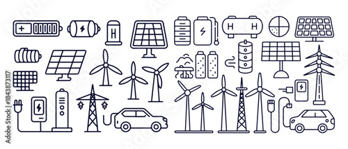 Clean energy and alternative power line icons, renewable resources, ecology and environment symbols