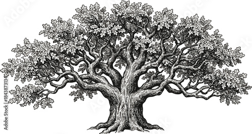 Mighty Old Oak Tree Vector Engraving | Sprawling Forest Botanical Line Art