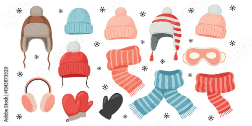 winter accessories, cozy gear, hats and scarves, mittens, earmuffs, ski goggles, snowflakes, seasonal wear, flat vector illustration
