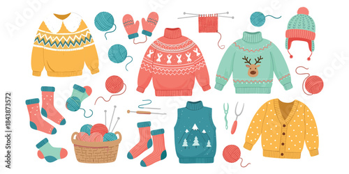 winter knitting, cozy clothing, festive sweaters, yarn basket, socks and mittens, craft supplies, seasonal fashion, flat vector illustration