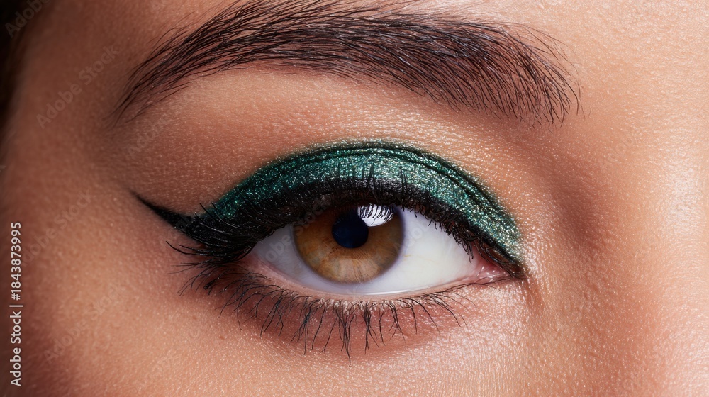 Obraz premium Close-Up Of A Woman'S Eye With Green Glitter Eyeshadow And Eyeliner. Beauty And Makeup Focus