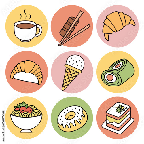 A vibrant collection of diverse culinary delights presented as colorful vector icons, featuring a variety of popular snacks, desserts, and beverages suitable for menus or web design