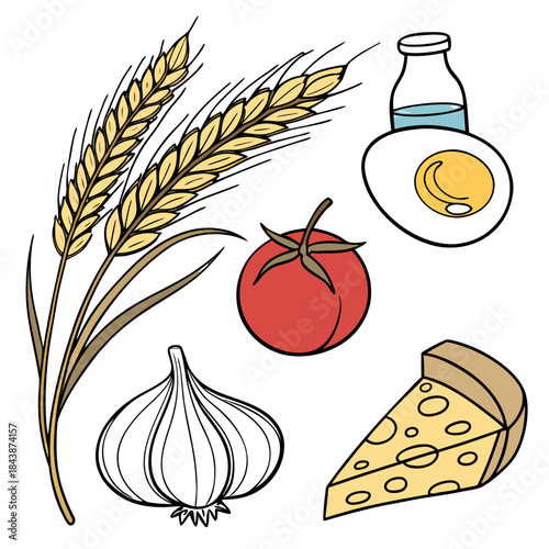 Hand-drawn illustration featuring a collection of food items including wheat, tomato, garlic, cheese, and a boiled egg, presented in a simple, clean style