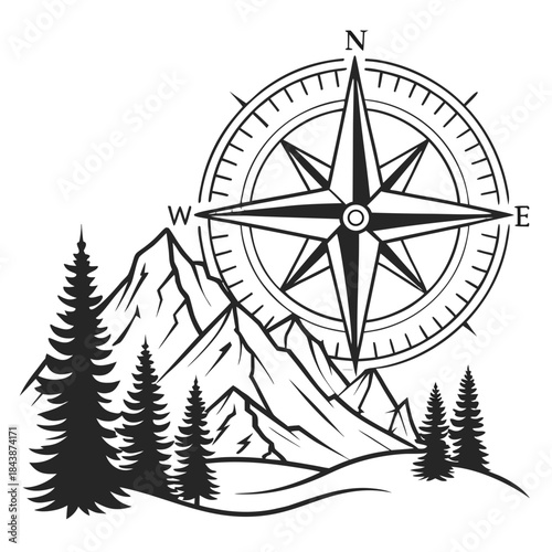 Elegant black and white vector illustration of a compass rose overlaying a mountainous landscape with pine trees, perfect for adventure and travel themes