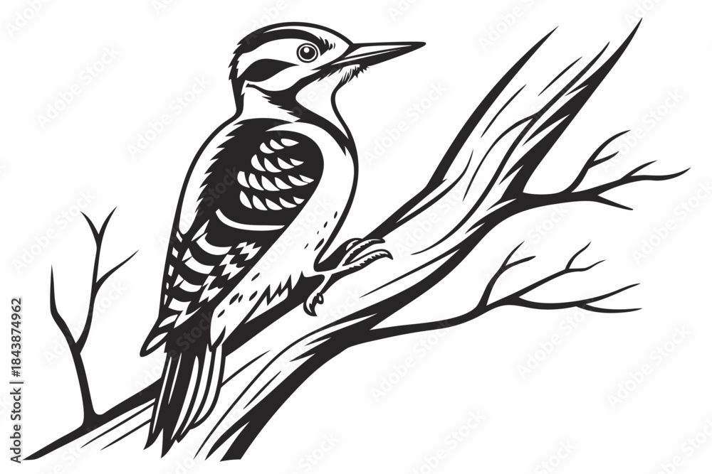 Obraz premium Stylized Woodpecker Perched on Tree Branch Illustration