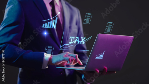 Digital tax filing Tax return financial planning analyzing  data revenue deductions filing income tax online payment mobile app computer technology. Business tax management economy 