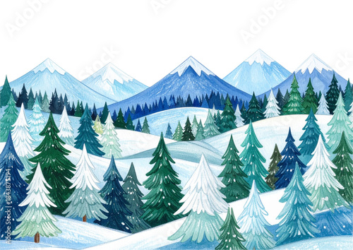 Vector illustration of a cold winter forest landscape featuring snow covered pine and fir trees under a frosty sky for a nature Christmas holiday celebration