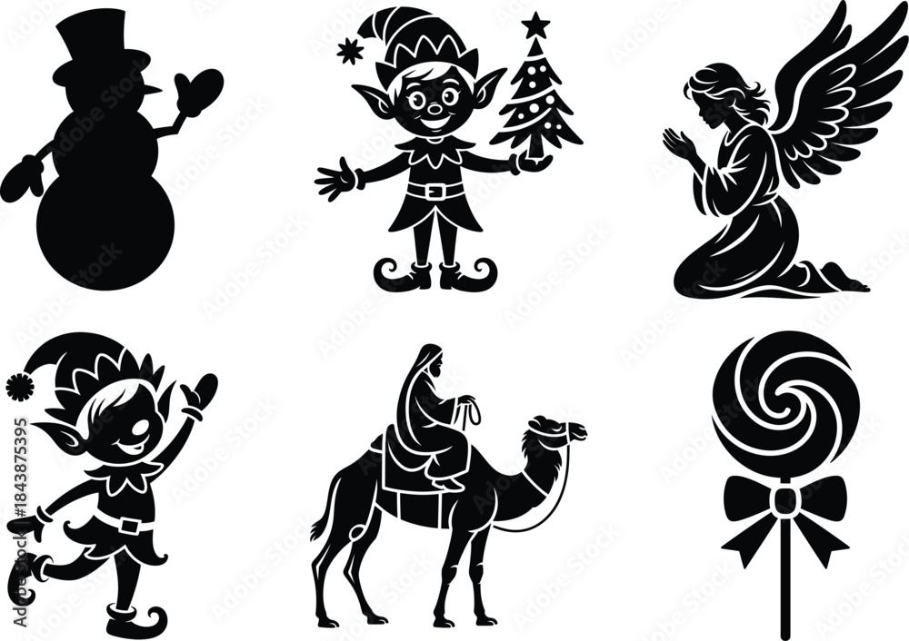 Naklejka premium Christmas Silhouette Clipart Bundle Design. Tree, Santa, Reindeer & Ornament, Winter Holiday Design, Seasonal Holiday, Traditional Christmas, Christmas Element Vector Illustration.
