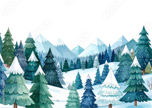 Vector illustration of a cold winter forest landscape featuring snow covered pine and fir trees under a frosty sky for a nature Christmas holiday celebration