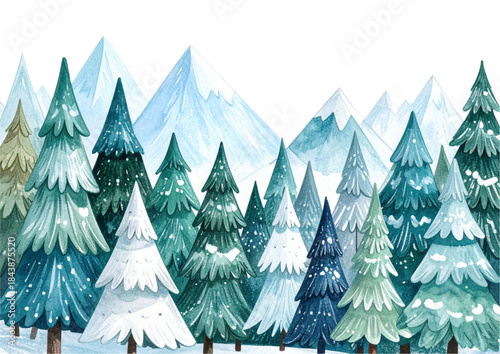 Vector illustration of a festive Christmas tree landscape in a snowy winter forest with pine and fir trees for a cold December holiday celebration