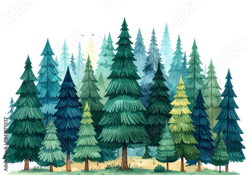 A festive winter landscape illustration featuring green fir and pine Christmas trees decorated with snowflakes in a snowy forest scene for a holiday celebration