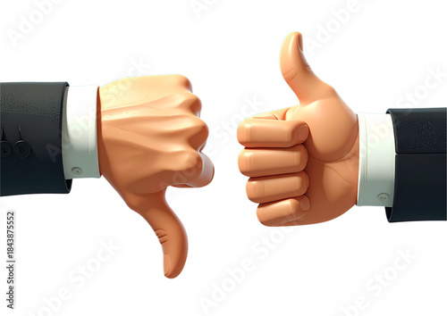 Businessman's hand in a suit jacket gives the thumbs-up and thumbs-down sign, symbolizing success and agreement