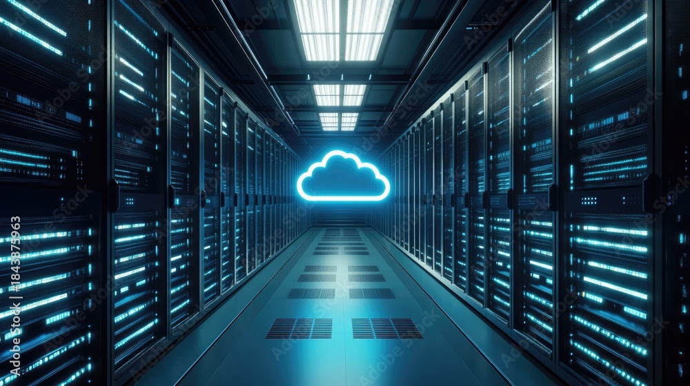 Fototapeta premium Cloud computing infrastructure inside modern data center corridor with glowing cloud icon, futuristic IT environment for AI platforms, cloud services, data storage, cybersecurity
