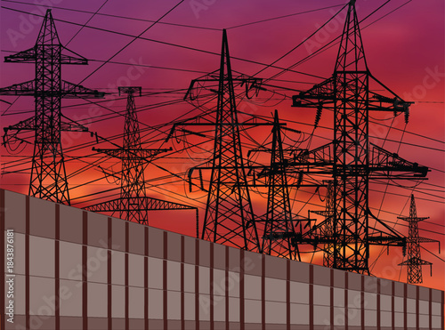 electric towers group near fence at bright sunset