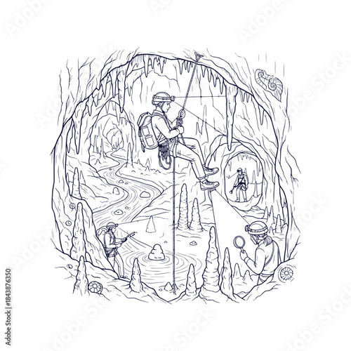 Extreme Spelunking Caving Adventure Graphic Vector Illustration for Underground Cave Exploration Sports Design