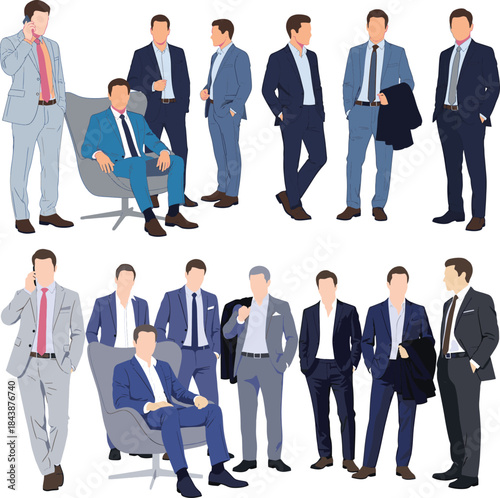 A professional collection of corporate business people and successful managers standing in suits, representing a diverse leadership team of businessmen and businesswomen working together in an office.