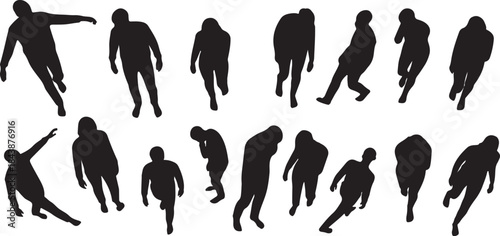 A collection of black vector silhouettes featuring a business group, family, and walking figures including men and women shown from a top view angle vector illustration Artwork.