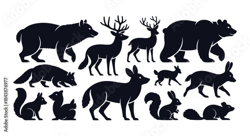 Set of various wild forest and woodland animal silhouettes including bears deer rabbits foxes