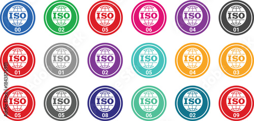 Set of ISO icons. International Organization for Standardization sign, symbol. Standard quality symbol. Vector button isolated on black background.