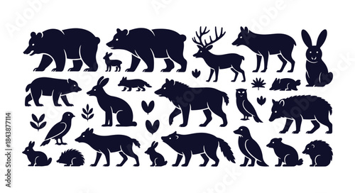 Large collection of forest animals including bears, deer, foxes, rabbits, wolves, owls