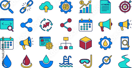 Collection of colorful flat design icons representing digital marketing data analysis and business strategy concepts