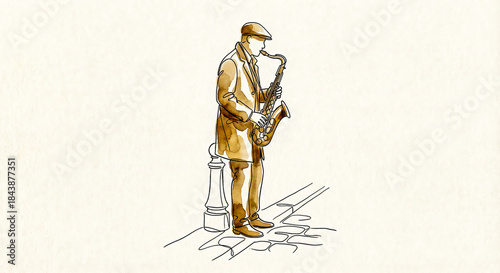 Ink and watercolor sketch depicts saxophonist in coat and hat performing outdoors.