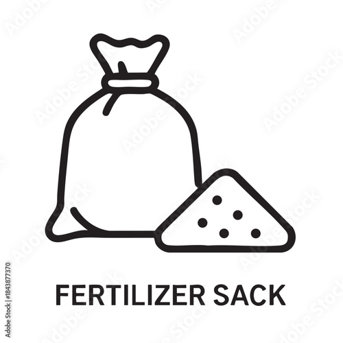 A simple black and white line drawing depicts a bag and spilled granules labeled fertilizer sack below