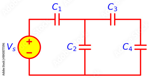 Editable Capacitor Network Circuit with Voltage Source Vs and Four Capacitors C1 C2 C3 C4, Electrical Network Theory Schematic Diagram for Circuit Analysis, Electronics Education and Engineering Study