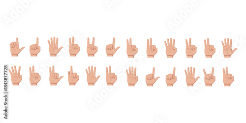Collection of cartoon hands displaying numbers from one to five in sign language