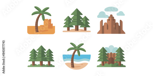 Collection of stylized natural landscapes and architectural elements in a flat design style