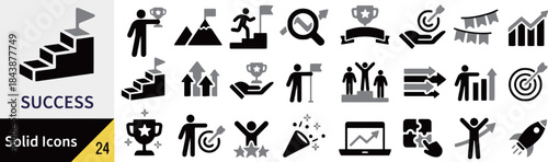 Achievement solid icon set of goal accomplishment and career ladder for business target