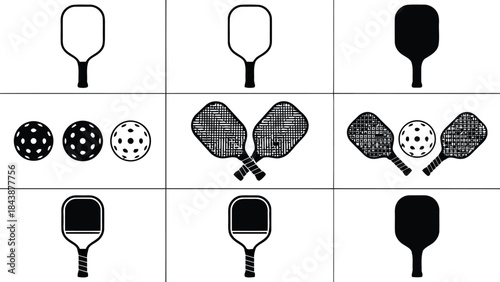 Black and white illustrations of paddles and balls used in pickleball sport activity