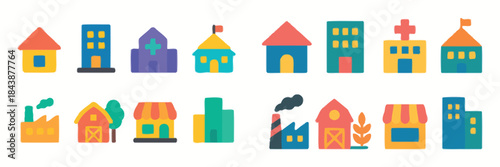 Buildings architecture stick figures icons include homes hospitals factories shops and urban structures with various styles and designs