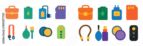 Camera accessories vector icons set collection representing photography equipment in modern flat design style for your project